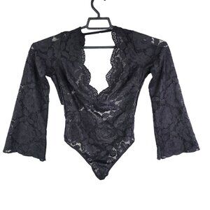 Women's Black Vintage Shirley Of Hollywood Lace Bodysuit Belle Sleeves Size L